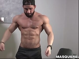 Bearded guy Zack Lemec shows off his muscles during jerk off hunk big dick stud